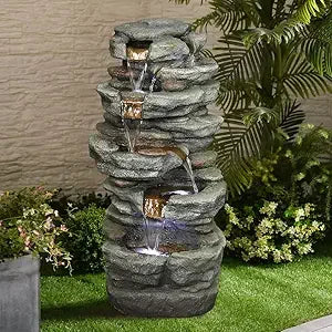 30.7inches Outdoor Water Fountain - 6-Tiers Rock Waterfall Fountain with Led Lights for Home Garden Decor