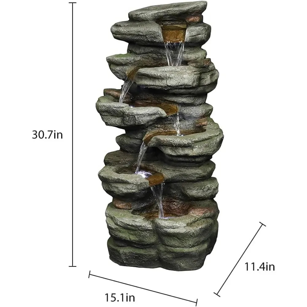 30.7inches Outdoor Water Fountain - 6-Tiers Rock Waterfall Fountain with Led Lights for Home Garden Decor