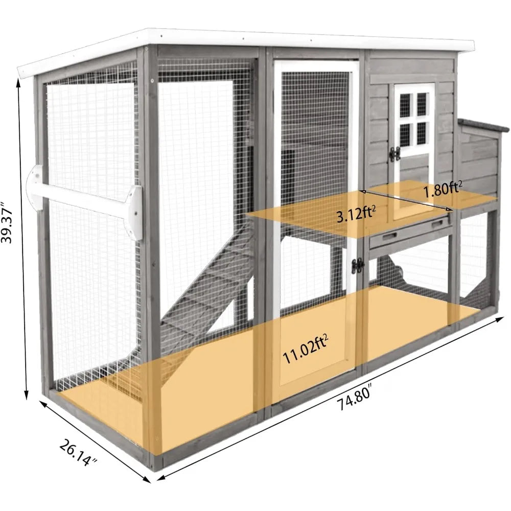 Chicken Coop Solid Wood with Large Run Cage 2 Stories Asphalt Roof Nest Box Pu Wheels Perch