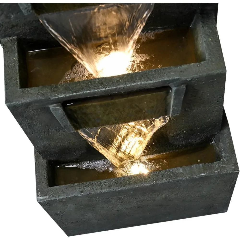 Modern Indoor Outdoor Waterfall Fountain Relaxing Soothing Outdoor Freestanding Fountains with Lights&Pump, 4-Tier Tier Outdoor