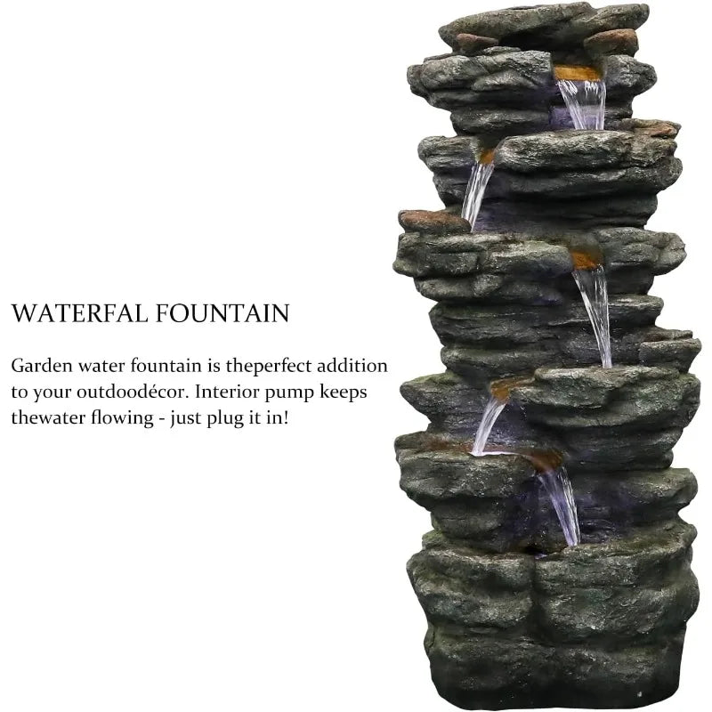 SunJet 40"High 6-Tiers Cascading Rock Outdoor Water Fountain with LED Lights-Large Outdoor Fountains and Waterfalls Garden Patio