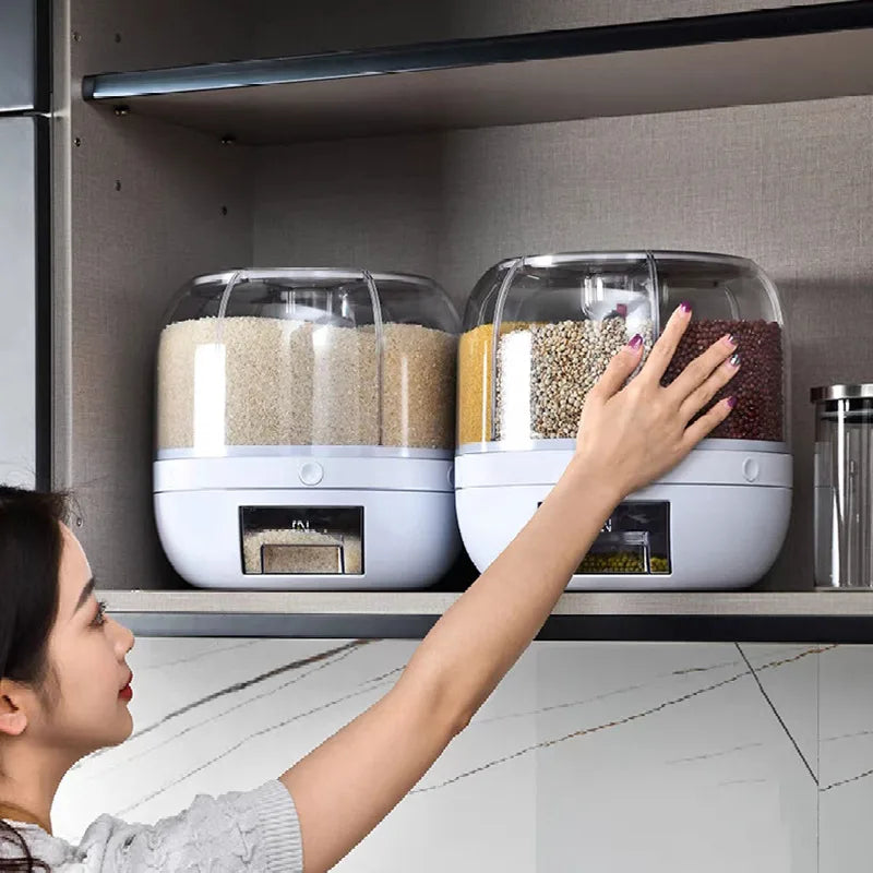 Rice Storage Container Cereal Dispenser 6-grid 360° Rotating Bucket Sealed Tank Grain Box Kitchen Accessories