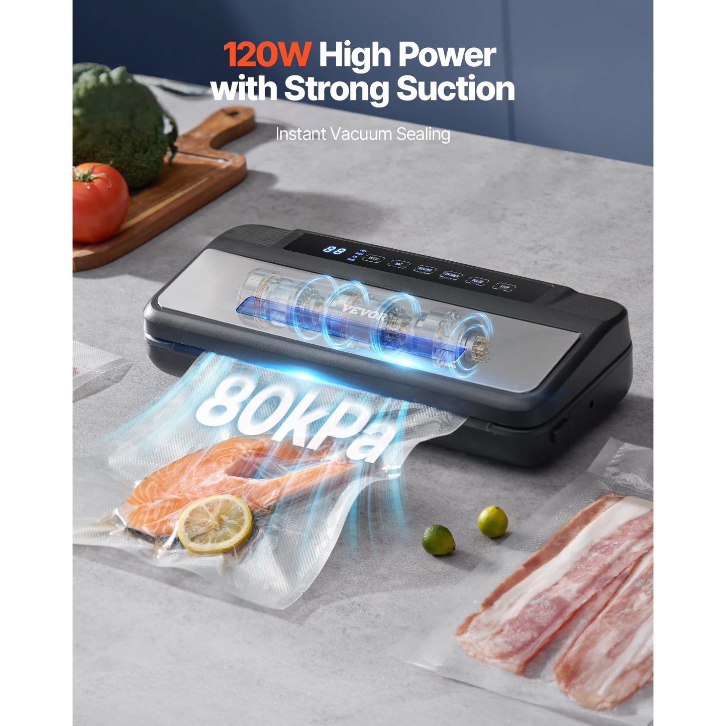 VEVOR 80Kpa 120W Electric Vacuum Sealer Machine 7-in-1 Dry/Wet Food Sealer with Built-in Cutter Knife for Kitchen Food Storage