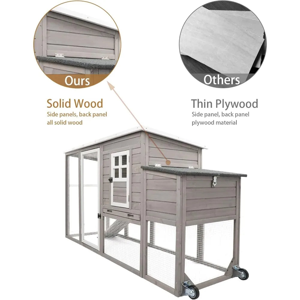 Chicken Coop Solid Wood with Large Run Cage 2 Stories Asphalt Roof Nest Box Pu Wheels Perch