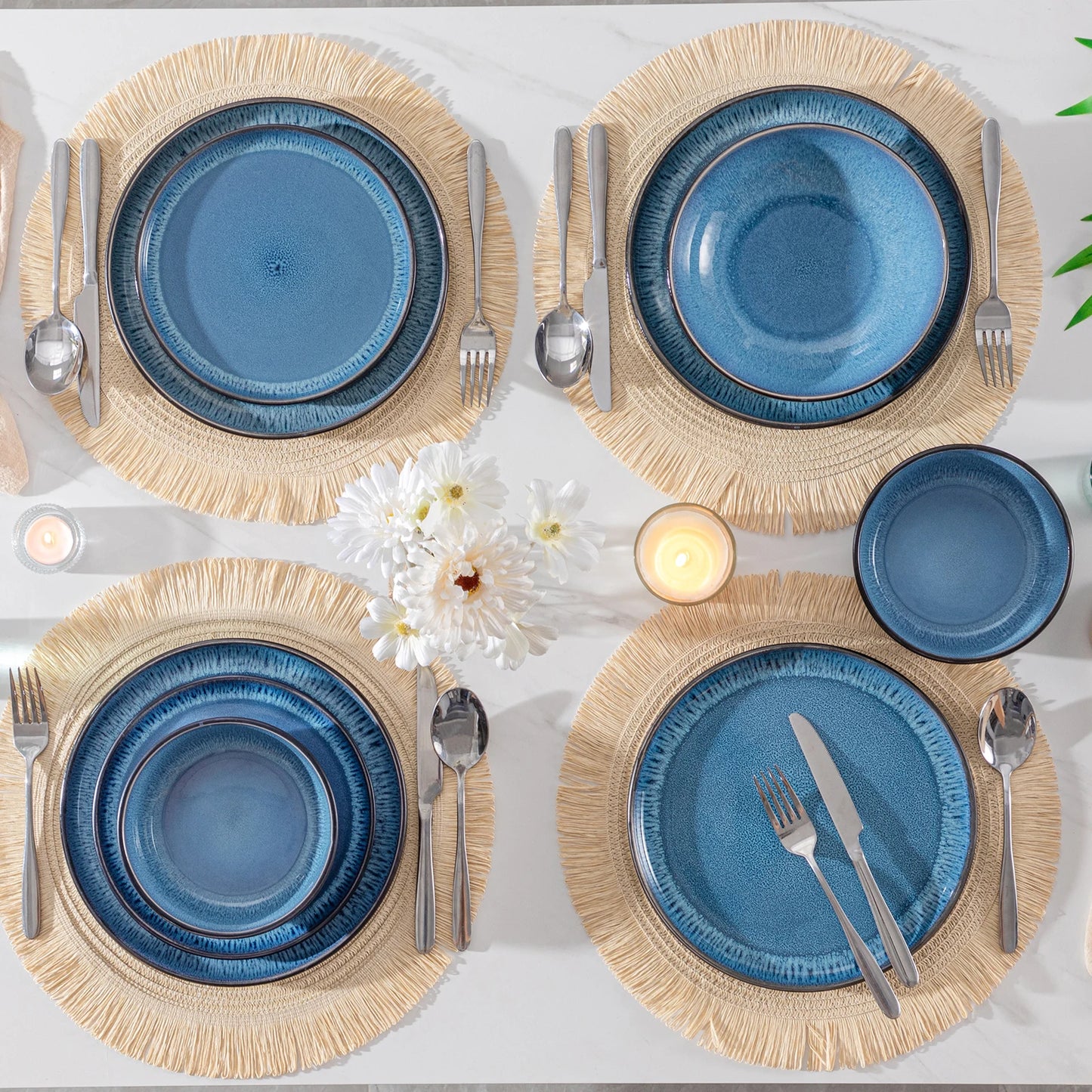 Blue Dinnerware Set 24 Piece Reactive Glaze Dishwasher Safe For 6