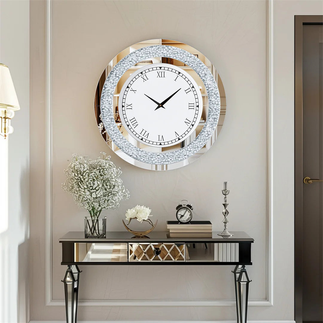 LUVODI Wall Clock Mirror Clock Sparkle Bling Round Diamond Wall Clock with Silver Tawny Tinted Crystal Crushed