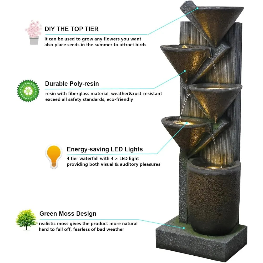Tall Outdoor Waterfall Fountain Tier Indoor Floor Standing Water Fountains with LED Lights&Pump for Garden, Living Room,Patio