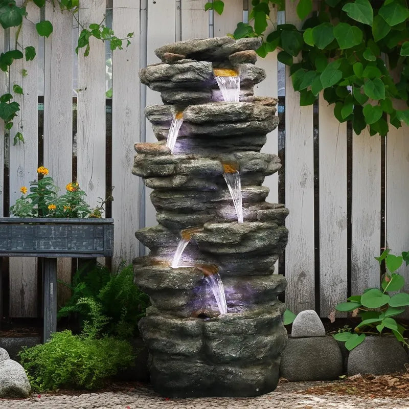 SunJet 40"High 6-Tiers Cascading Rock Outdoor Water Fountain with LED Lights-Large Outdoor Fountains and Waterfalls Garden Patio