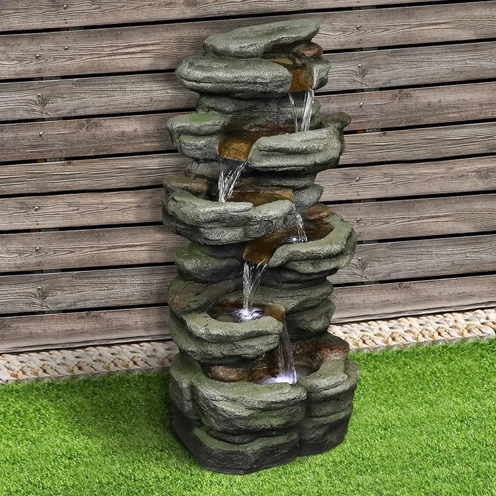 30.7inches Outdoor Water Fountain - 6-Tiers Rock Waterfall Fountain with Led Lights for Home Garden Decor