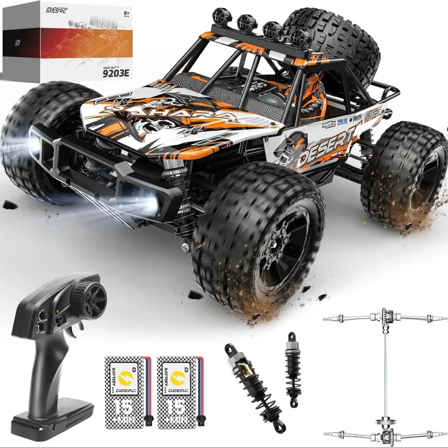 DEERC 9203E 1:10 Scale RC Truck: 48KM/H, 4X4, Lights, 2 Batteries, 2.4GHz, All-Terrain, 30 Min Play
