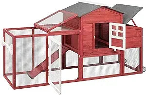 Chicken Coop Solid Wood with Large Run Cage 2 Stories Asphalt Roof Nest Box Pu Wheels Perch