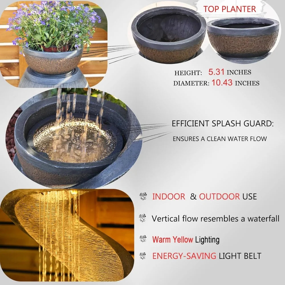 Waterfall Fountain Outdoor Fountains Garden - Modern Curved S-Shaped Waterfalls Feature with Bowl Planter Waterscape
