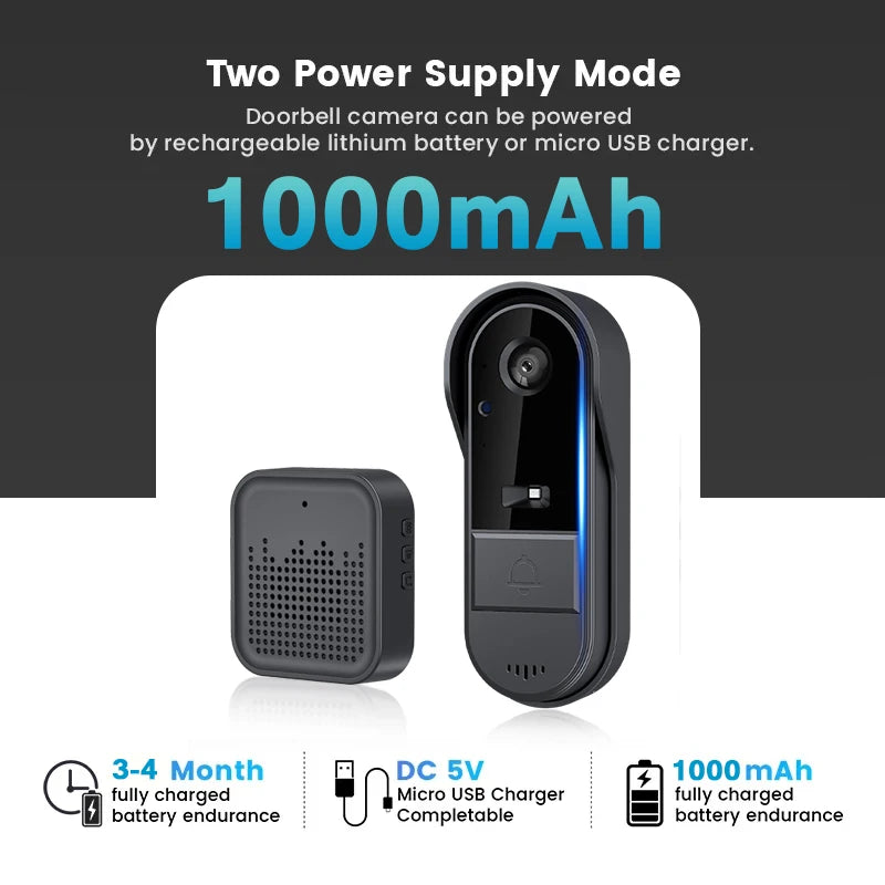 Tuya WiFi doorbell 2-way HD 1080P, microSD/cloud, waterproof, 1000mAh battery, long standby,Wireless Security Camera