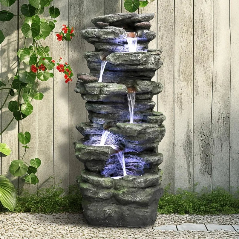 SunJet 40"High 6-Tiers Cascading Rock Outdoor Water Fountain with LED Lights-Large Outdoor Fountains and Waterfalls Garden Patio