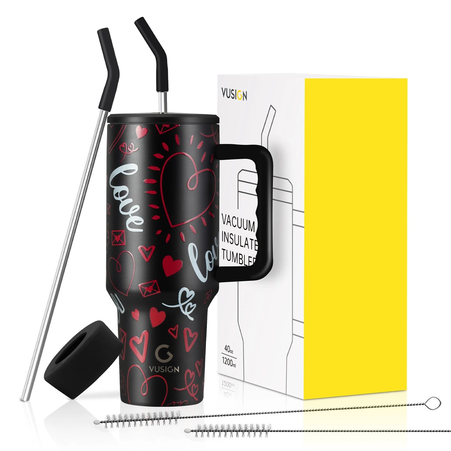 Deli 40oz Tumbler with Handle, Dual Straw Lid, Stainless Steel Double Wall Insulated, Valentine