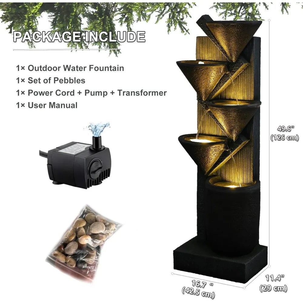 Tall Outdoor Waterfall Fountain Tier Indoor Floor Standing Water Fountains with LED Lights&Pump for Garden, Living Room,Patio