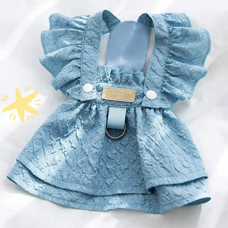Denim Dog Dresses For Small Dogs With Leash Ring Flying Sleeves Blue Outfit