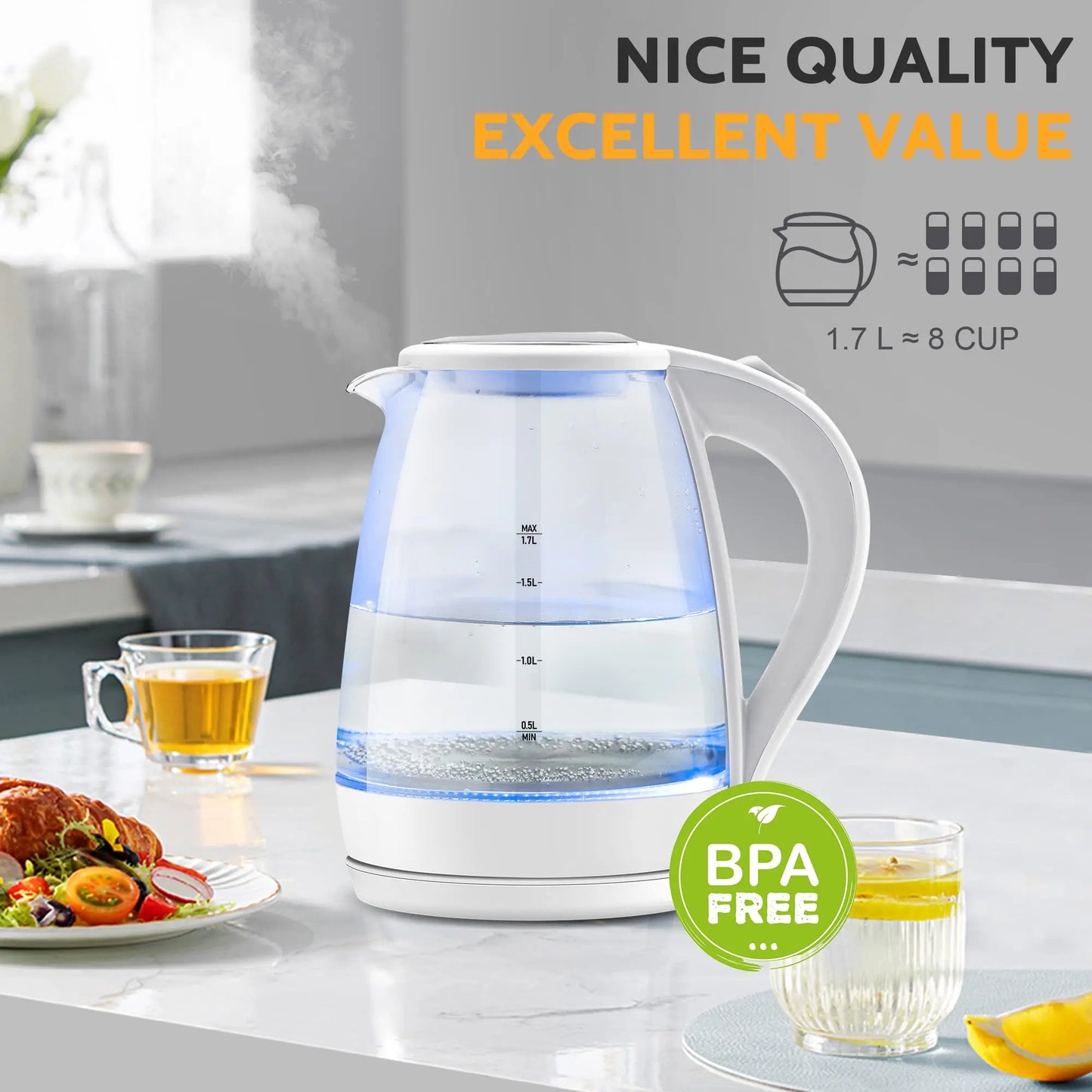 Electric Tea Kettle - CACHOO 1.7L Borosilicate Glass Kettle