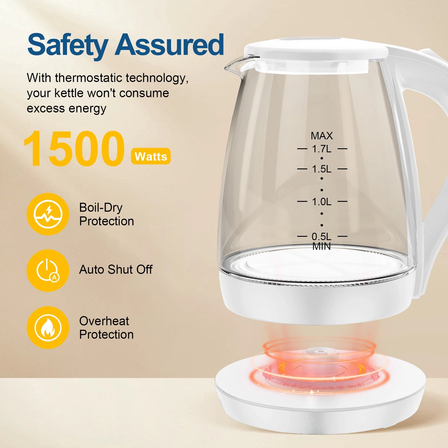 Electric Tea Kettle - CACHOO 1.7L Borosilicate Glass Kettle