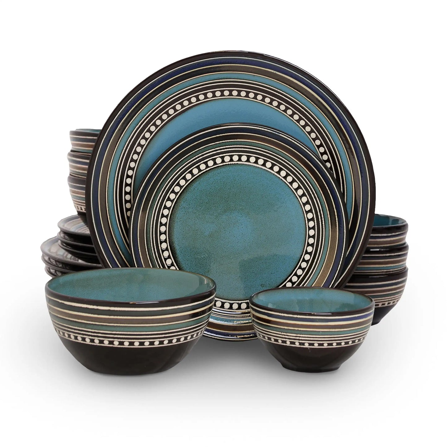 Elite Cafe Versailles 16 Pieces Double Bowl Dinnerware Set-Blue