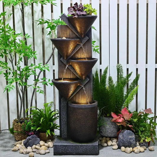Tall Outdoor Waterfall Fountain Tier Indoor Floor Standing Water Fountains with LED Lights&Pump for Garden, Living Room,Patio