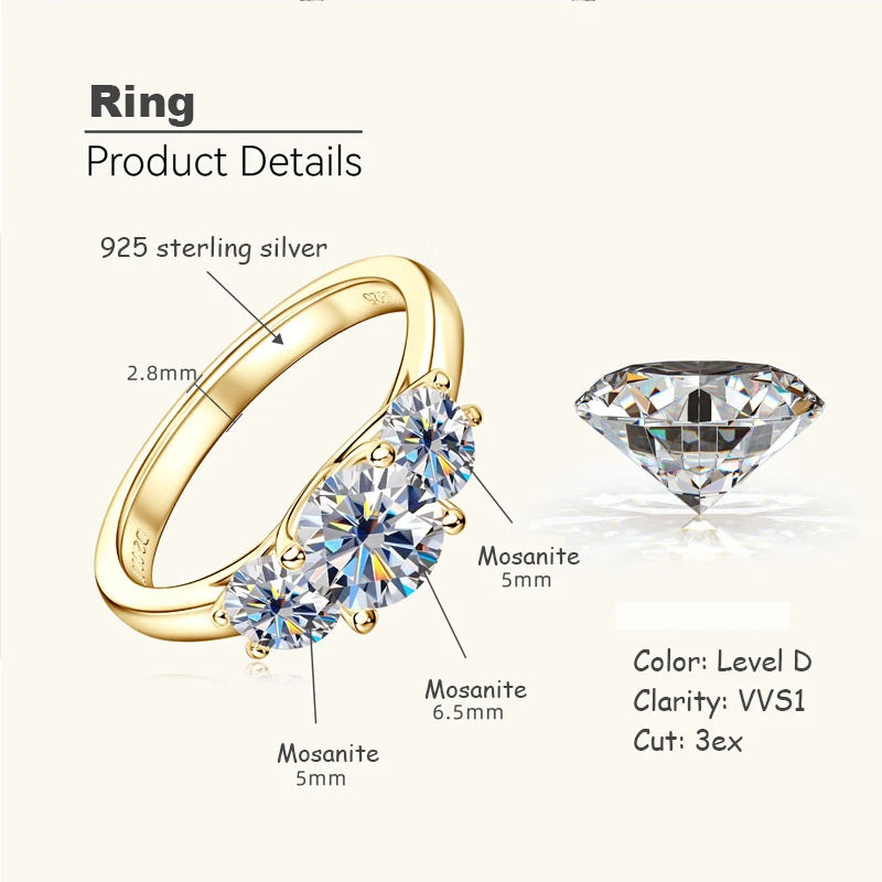 OXTAO 1ct And 0.5ct Moissanite Ring 925 Silver Three Stone