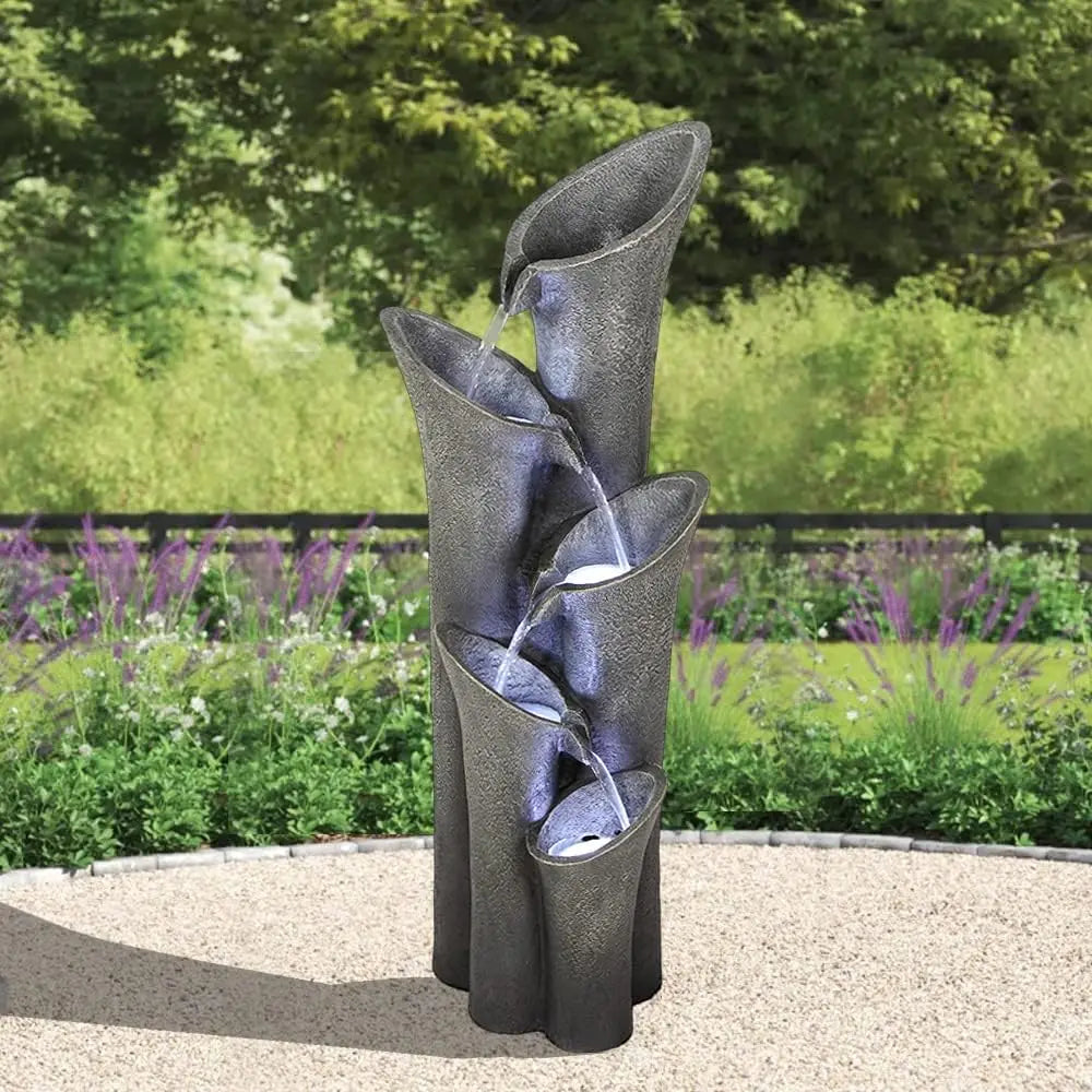 Modern Indoor Outdoor Waterfall Fountain Relaxing Soothing Outdoor Freestanding Fountains with Lights&Pump, 4-Tier Tier Outdoor