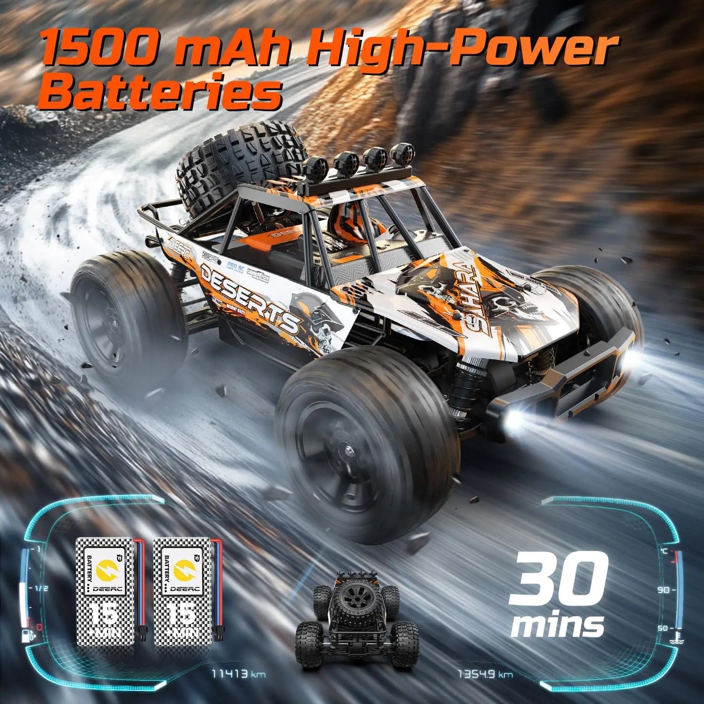 DEERC 9203E 1:10 Scale RC Truck: 48KM/H, 4X4, Lights, 2 Batteries, 2.4GHz, All-Terrain, 30 Min Play