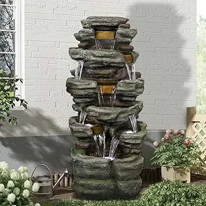 30.7inches Outdoor Water Fountain - 6-Tiers Rock Waterfall Fountain with Led Lights for Home Garden Decor