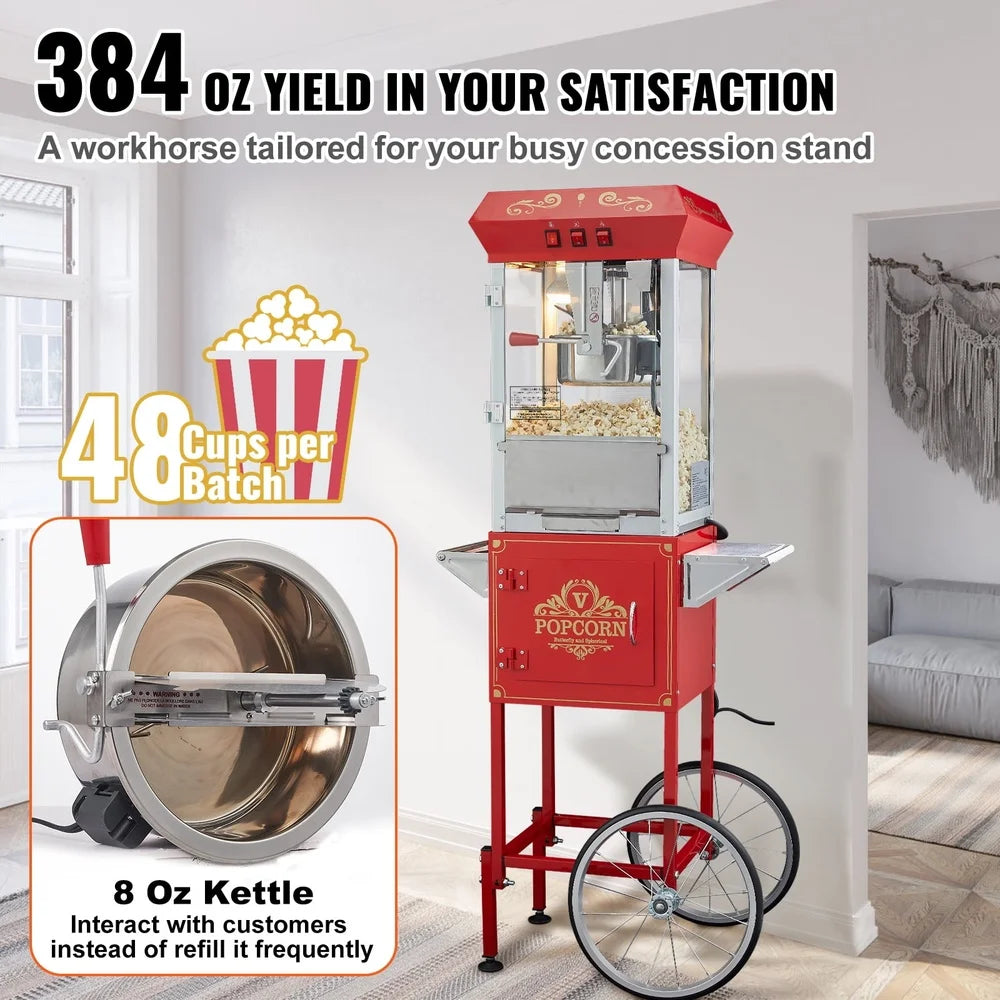 850W Commercial Popcorn Machine With Cart Stainless Steel