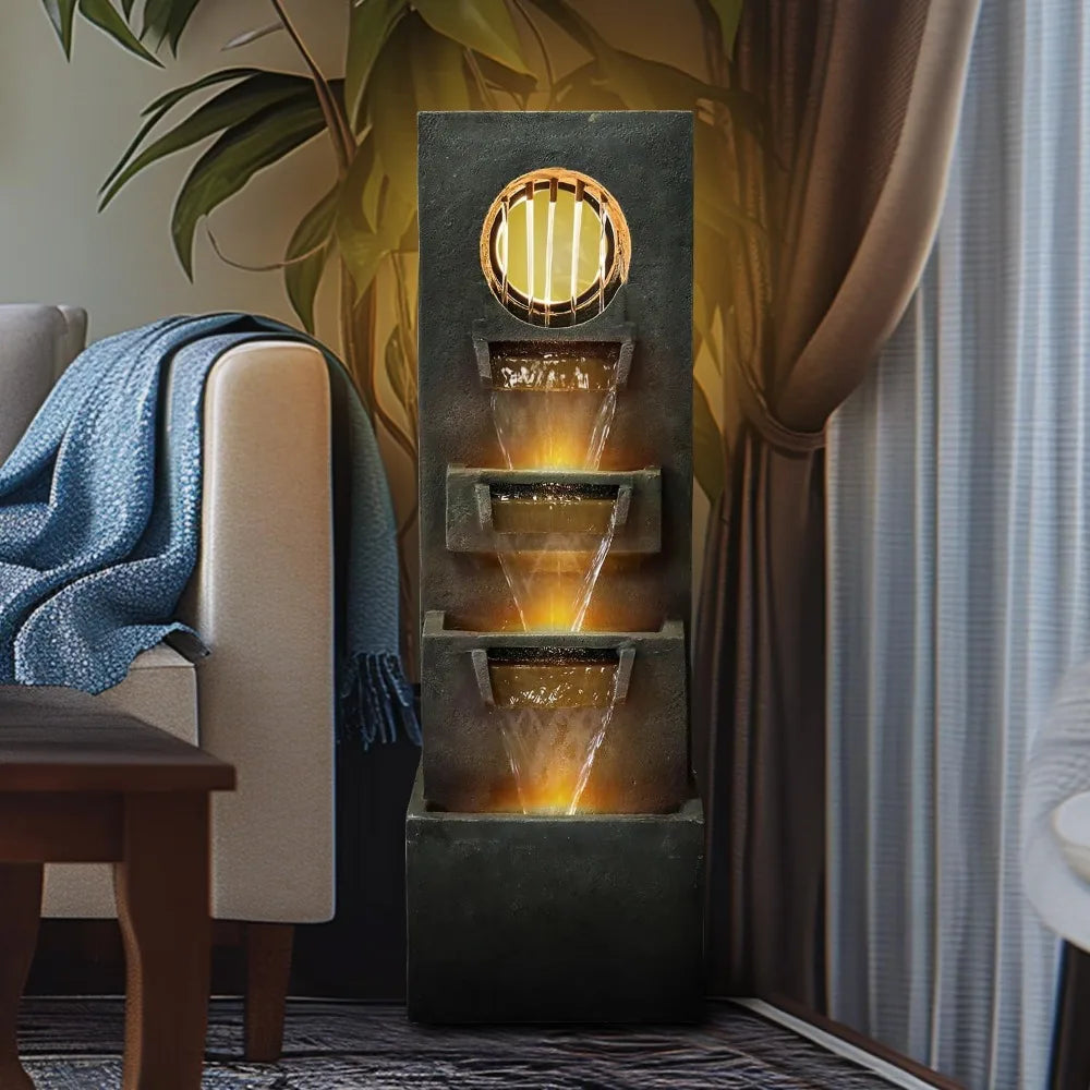 Modern Indoor Outdoor Waterfall Fountain Relaxing Soothing Outdoor Freestanding Fountains with Lights&Pump, 4-Tier Tier Outdoor