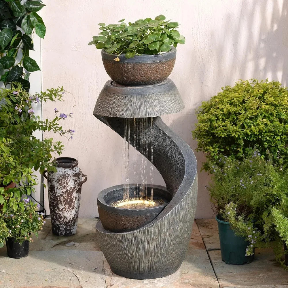 Waterfall Fountain Outdoor Fountains Garden - Modern Curved S-Shaped Waterfalls Feature with Bowl Planter Waterscape