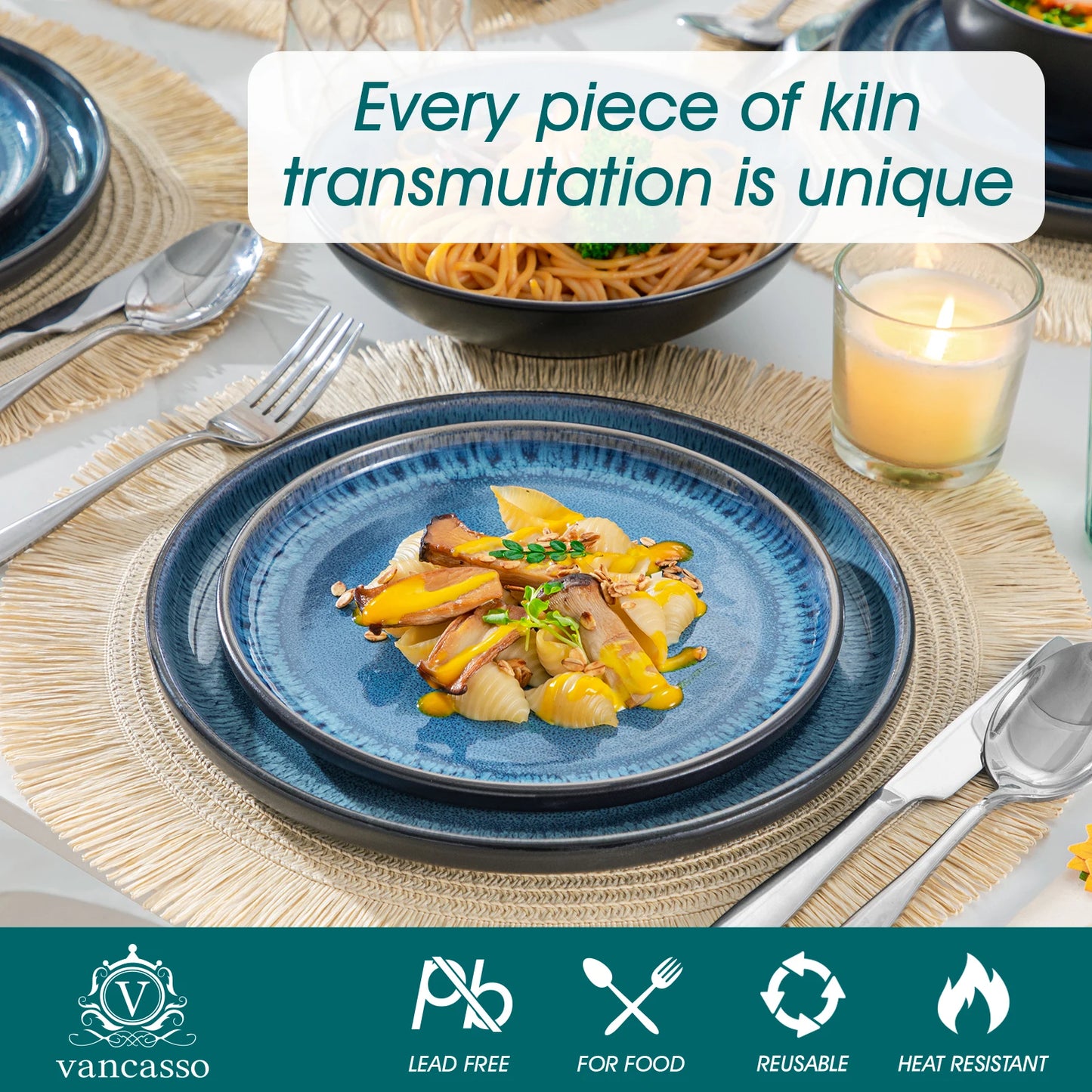 Vancasso 24 Piece Blue Dinnerware Set Reactive Glaze For 6