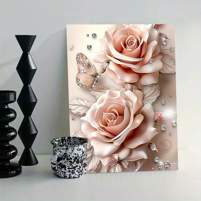 Dream Pink Rose Butterfly Diamond Canvas Wood Wall Art Decor