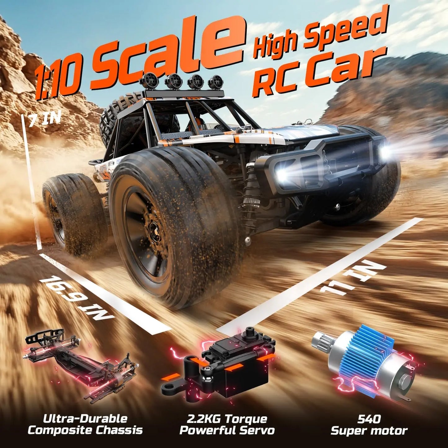 DEERC 9203E 1:10 Scale RC Truck: 48KM/H, 4X4, Lights, 2 Batteries, 2.4GHz, All-Terrain, 30 Min Play