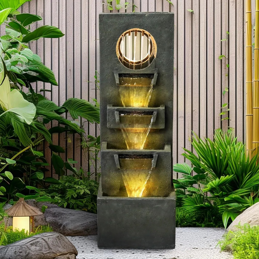 Modern Indoor Outdoor Waterfall Fountain Relaxing Soothing Outdoor Freestanding Fountains with Lights&Pump, 4-Tier Tier Outdoor