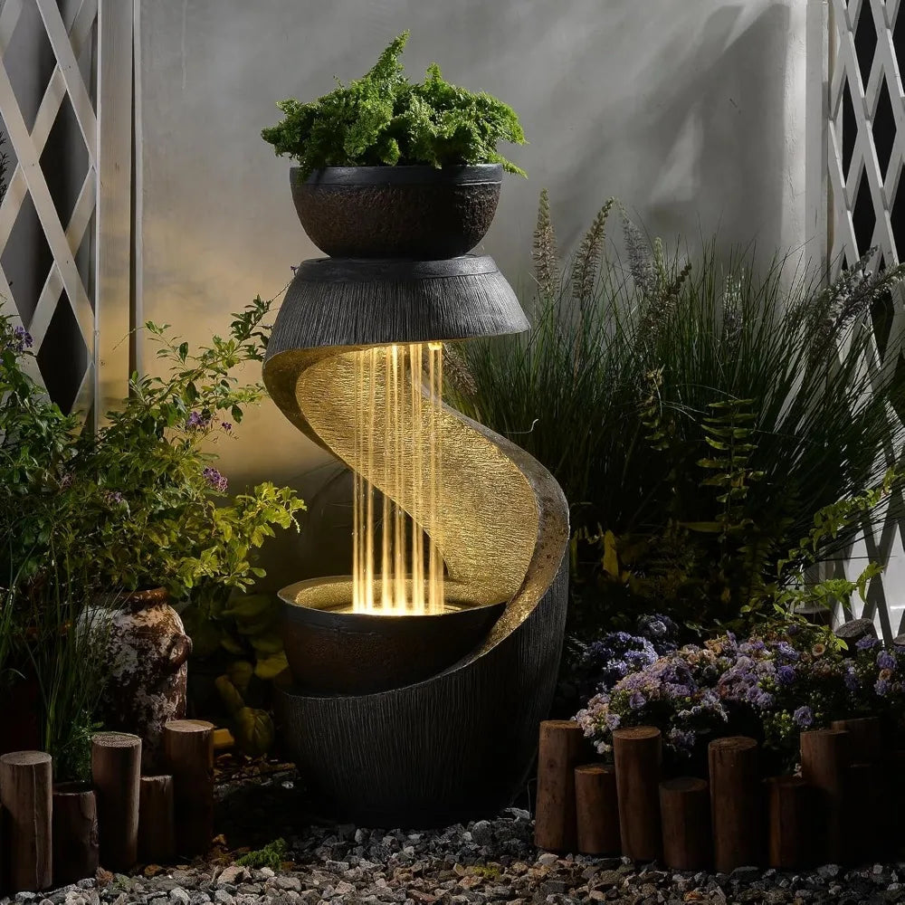 Waterfall Fountain Outdoor Fountains Garden - Modern Curved S-Shaped Waterfalls Feature with Bowl Planter Waterscape
