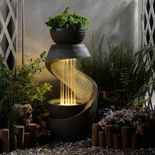 Waterfall Fountain Outdoor Fountains Garden - Modern Curved S-Shaped Waterfalls Feature with Bowl Planter Waterscape