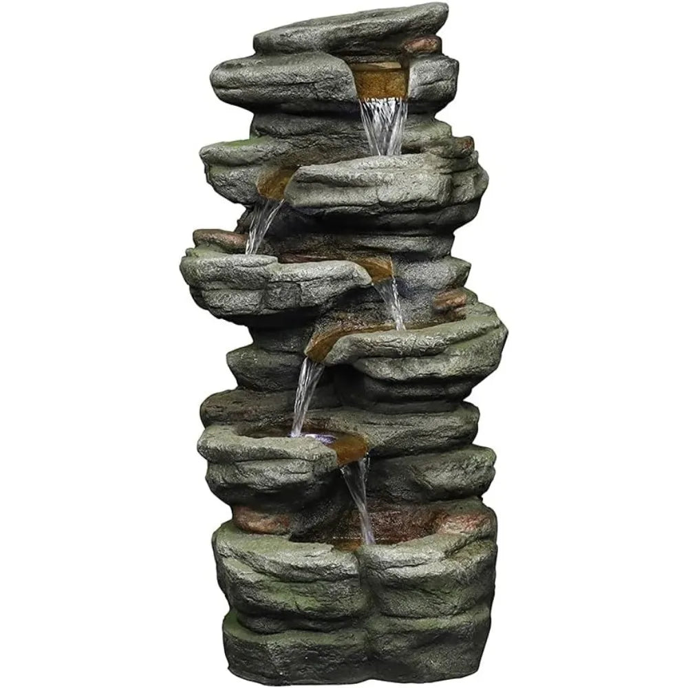 30.7inches Outdoor Water Fountain - 6-Tiers Rock Waterfall Fountain with Led Lights for Home Garden Decor