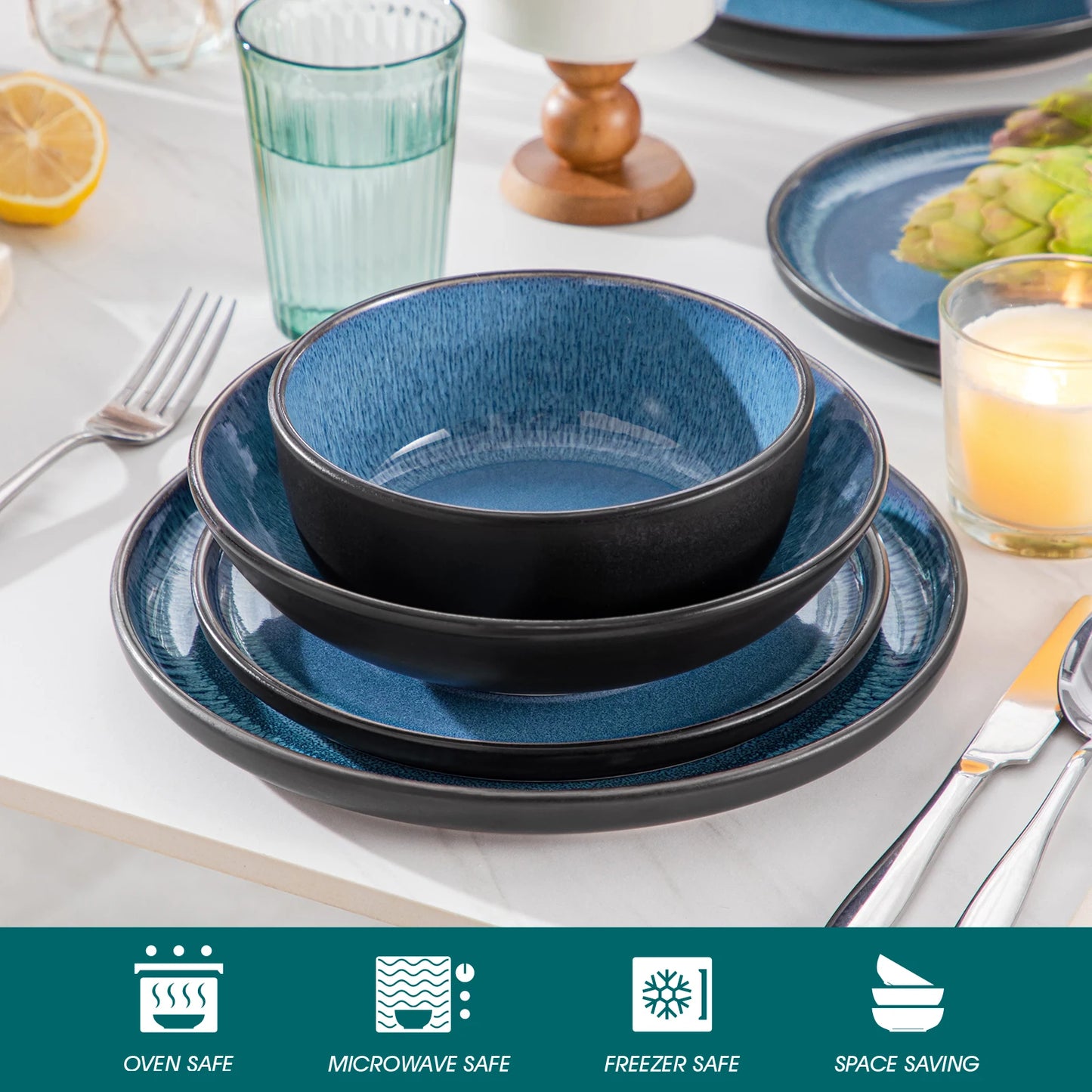 Vancasso 24 Piece Blue Dinnerware Set Reactive Glaze For 6