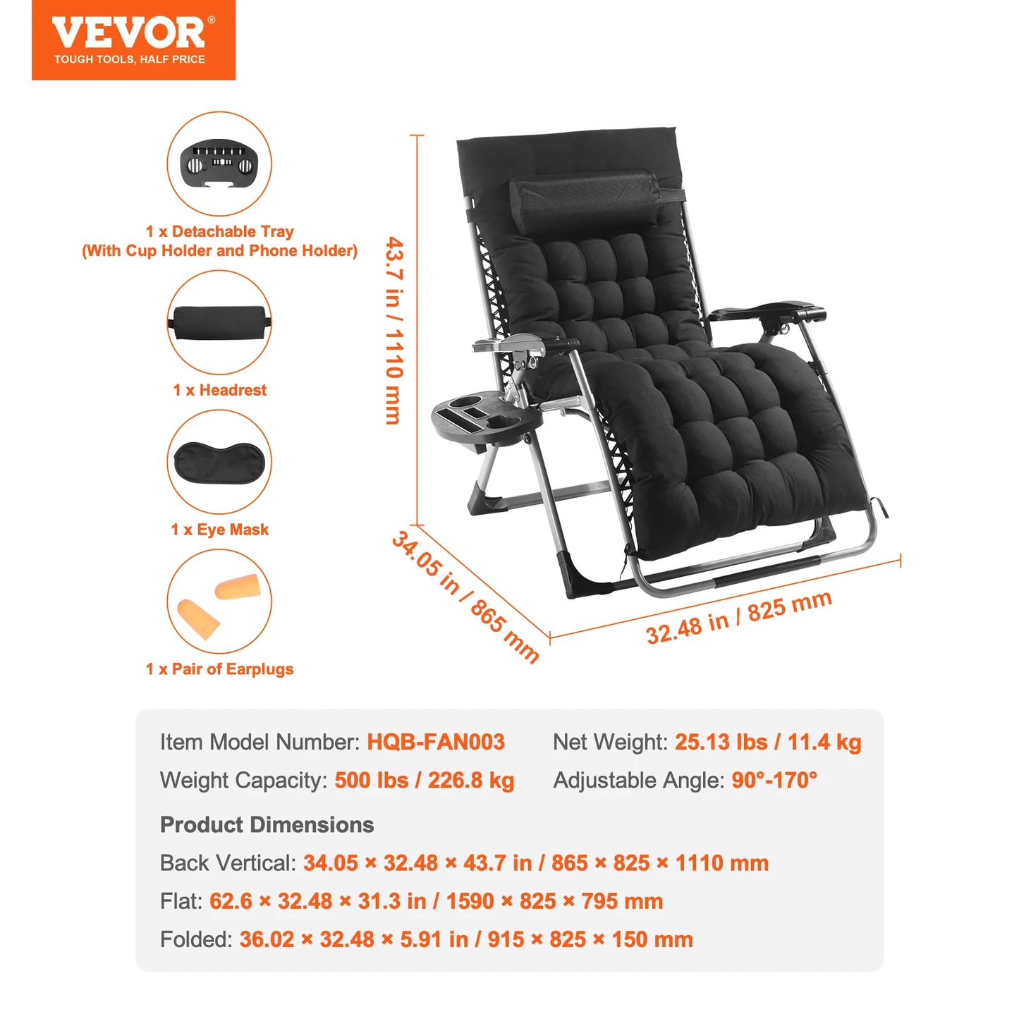 VEVOR Zero Gravity Chair Zero Gravity Recliner Lounge Chair Adjustable Anti Gravity Chair with Cushion Footrest and Cupholder