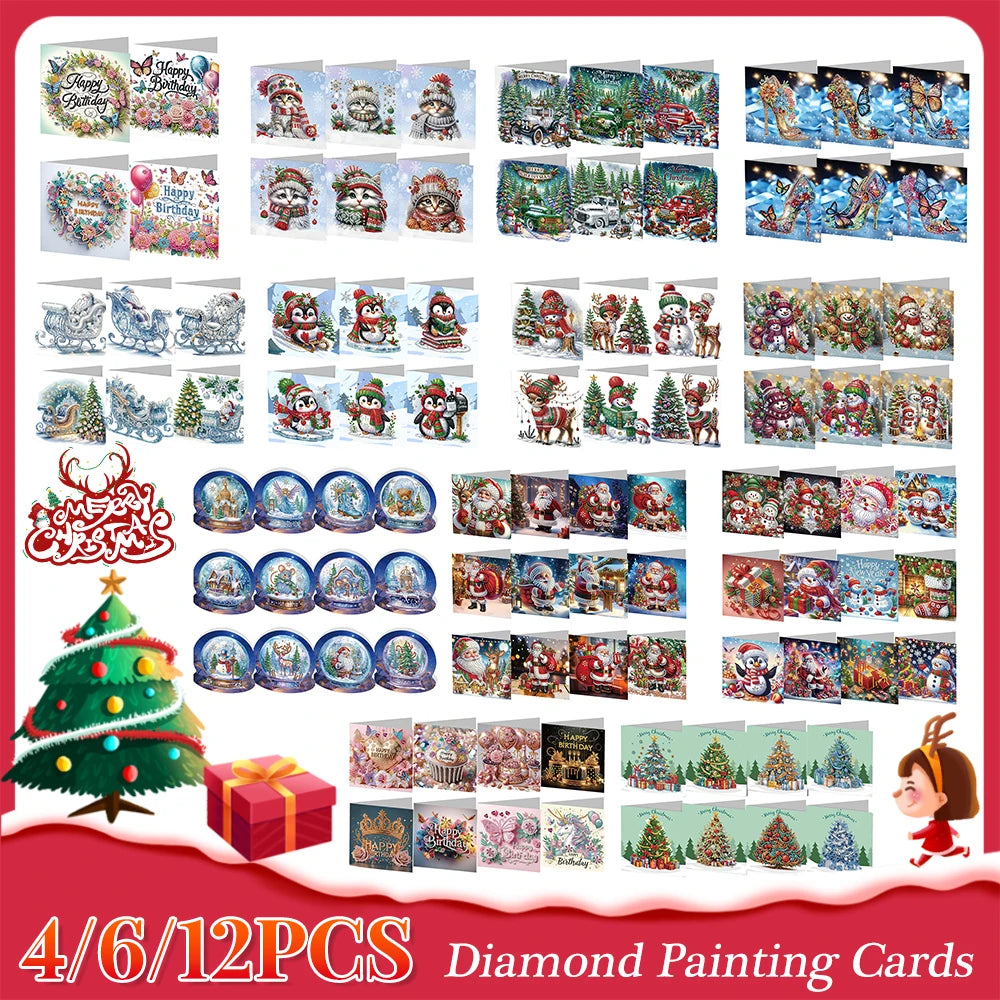 4/6/12pcs Diamond Painting Greeting Card 5D Christmas Mosaic Thank You Card Birthday Gift