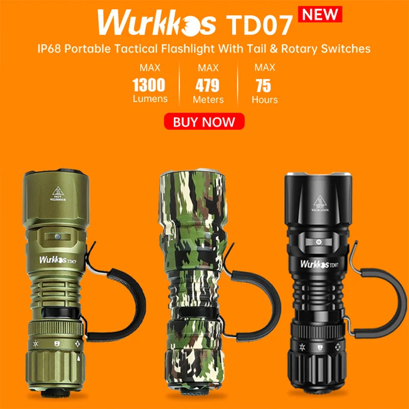 Wurkkos TD07 1300LM Tactical Flashlight 479M LongThrow IP68