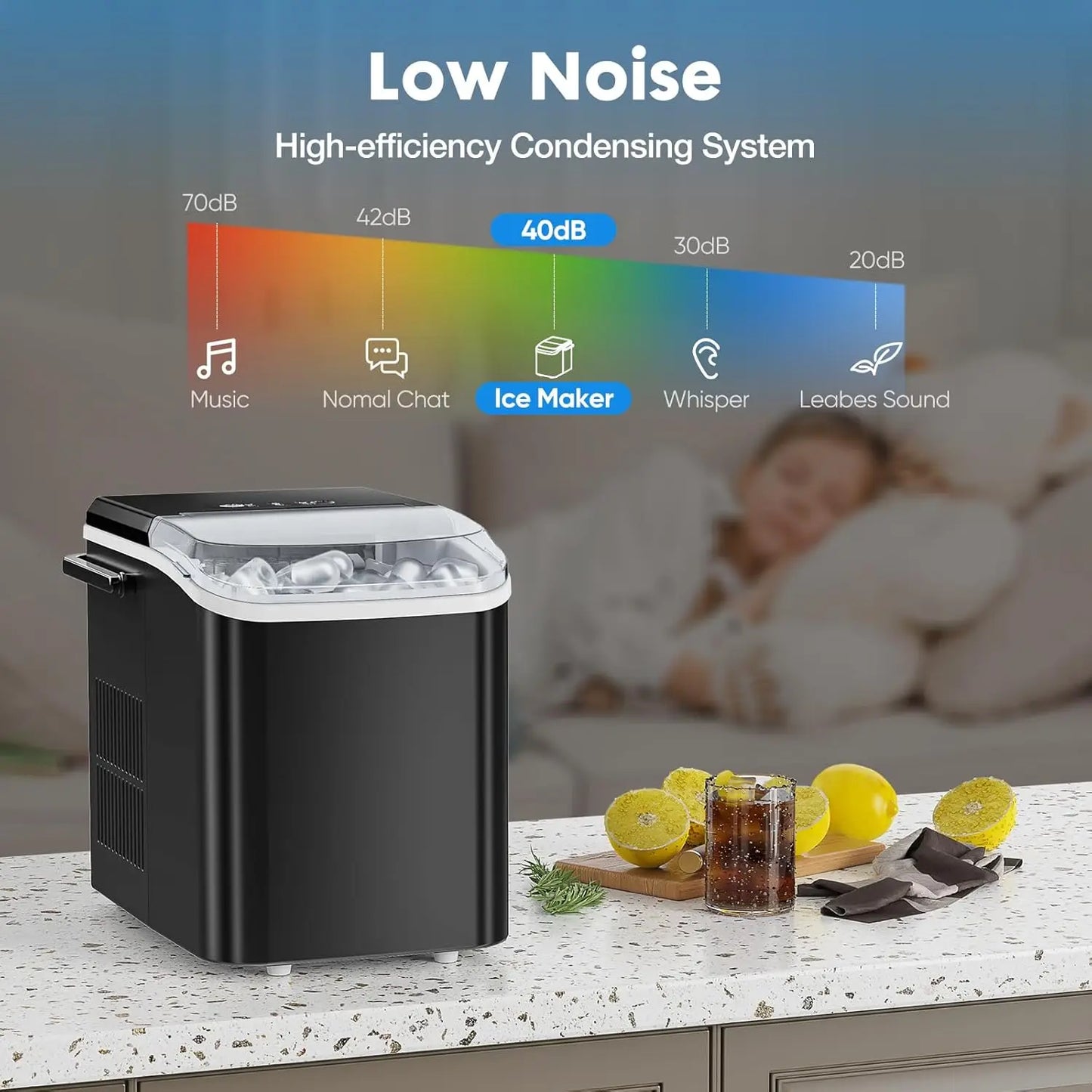 Portable Countertop Ice Machine Maker with Handle, Bullet Ice, 9 Cubes in 6 Mins, 26.5lbs/24Hrs, Black
