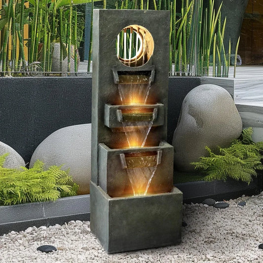 Modern Indoor Outdoor Waterfall Fountain Relaxing Soothing Outdoor Freestanding Fountains with Lights&Pump, 4-Tier Tier Outdoor