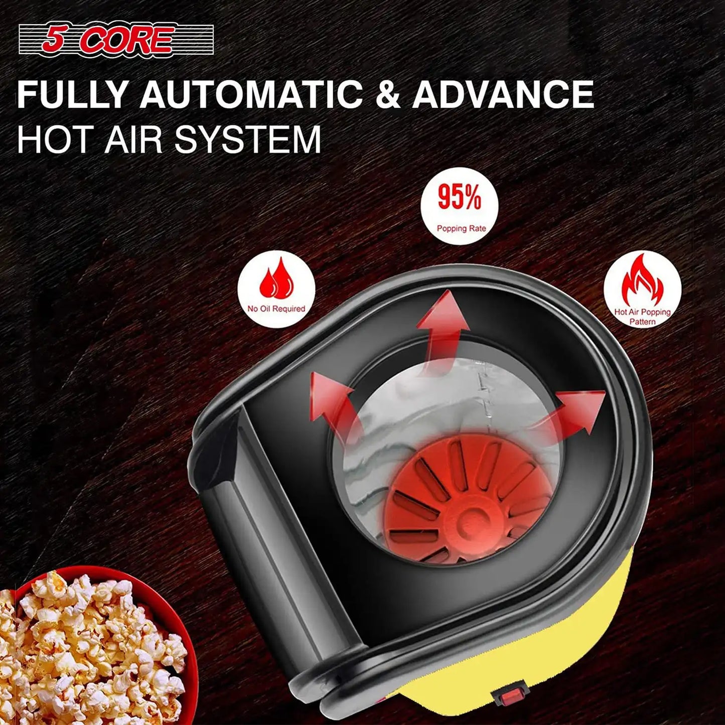 5 Core Popcorn Machine 16 Cup Hot Air Popcorn Maker