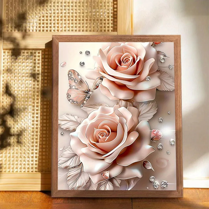 Dream Pink Rose Butterfly Diamond Canvas Wood Wall Art Decor