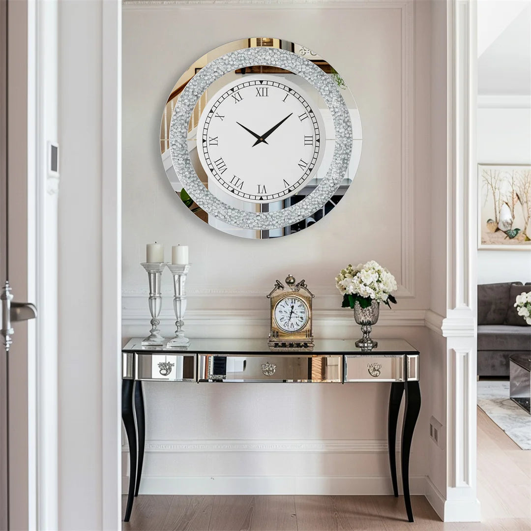 LUVODI Wall Clock Mirror Clock Sparkle Bling Round Diamond Wall Clock with Silver Tawny Tinted Crystal Crushed