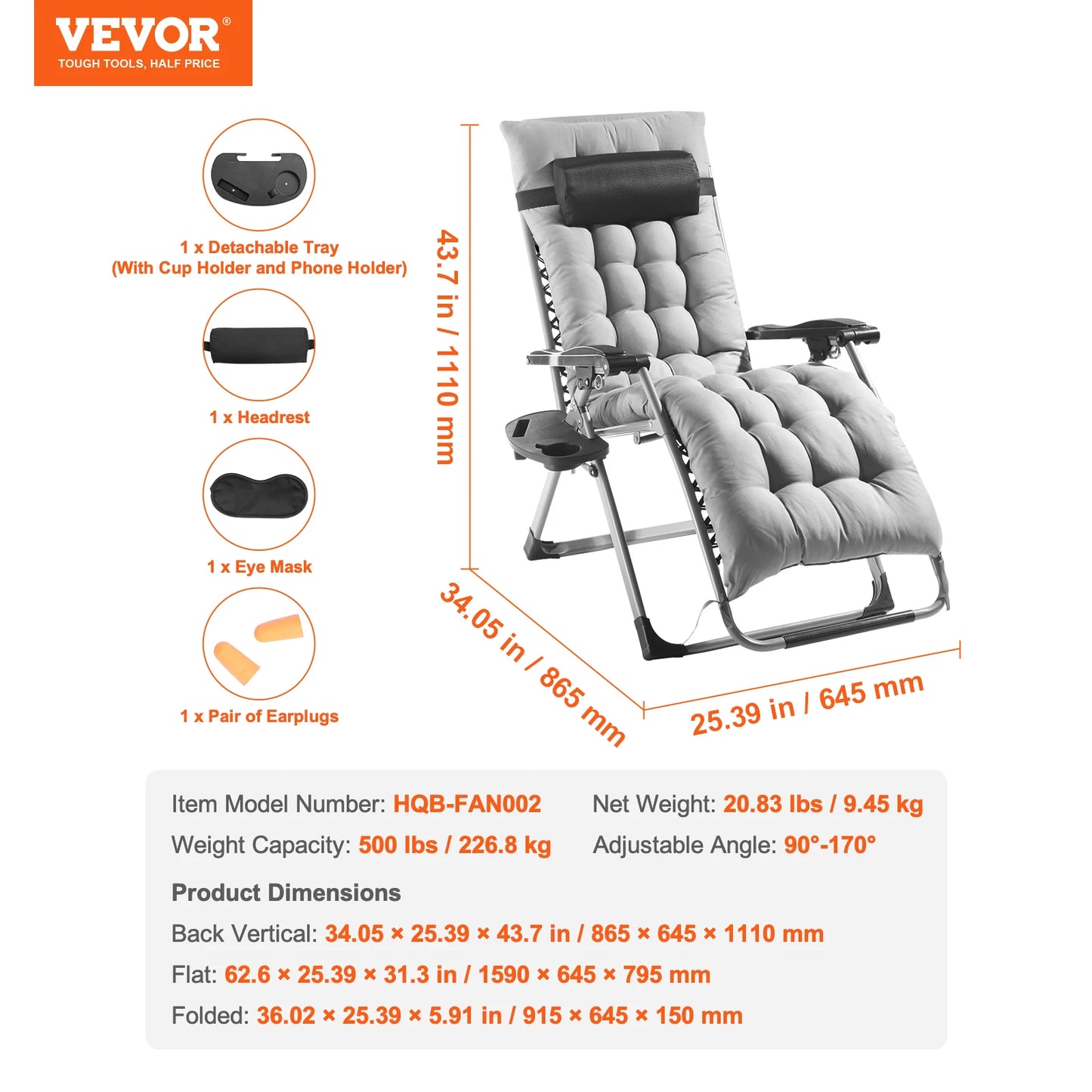 VEVOR Zero Gravity Chair Zero Gravity Recliner Lounge Chair Adjustable Anti Gravity Chair with Cushion Footrest and Cupholder
