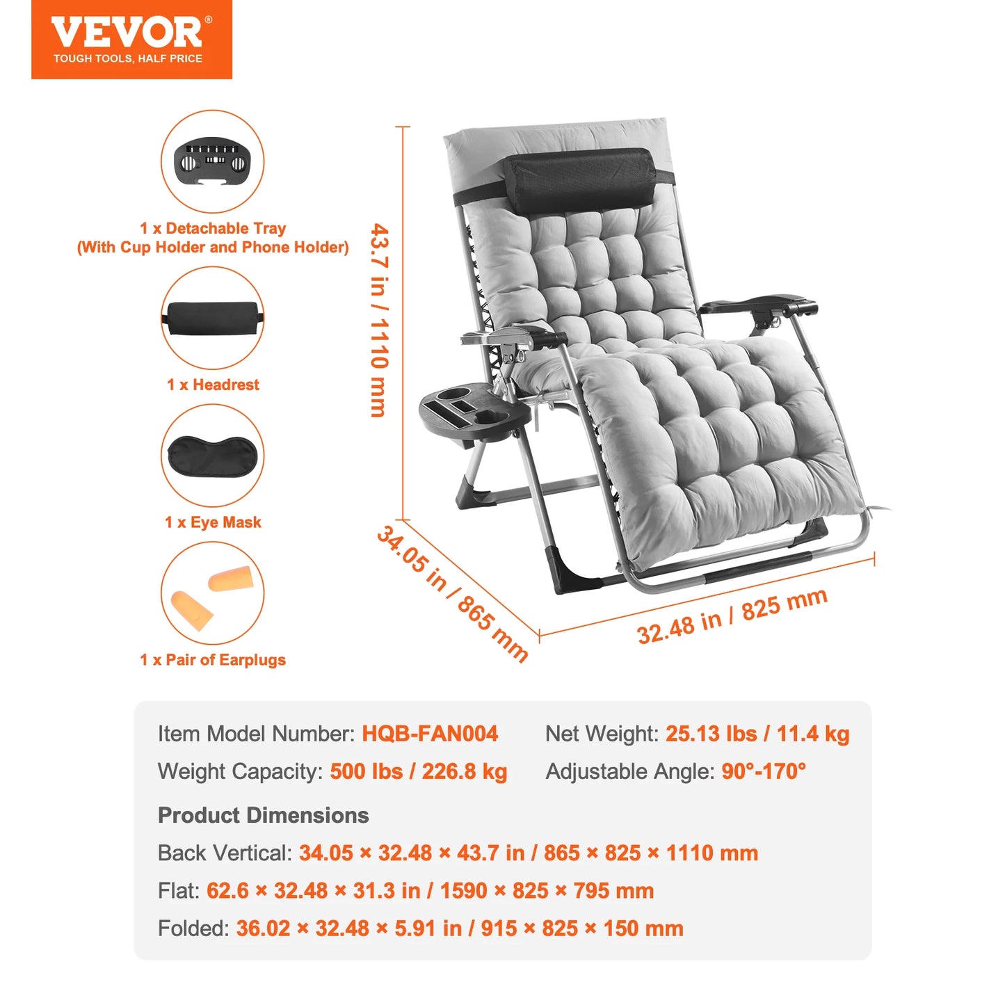 VEVOR Zero Gravity Chair Zero Gravity Recliner Lounge Chair Adjustable Anti Gravity Chair with Cushion Footrest and Cupholder